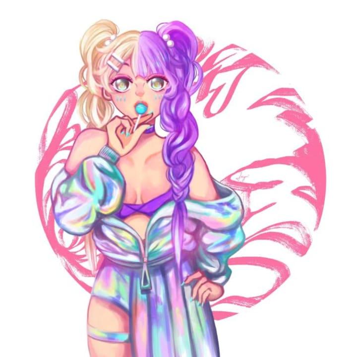 A digital drawing of a colourful and sweet girl with a lollipop