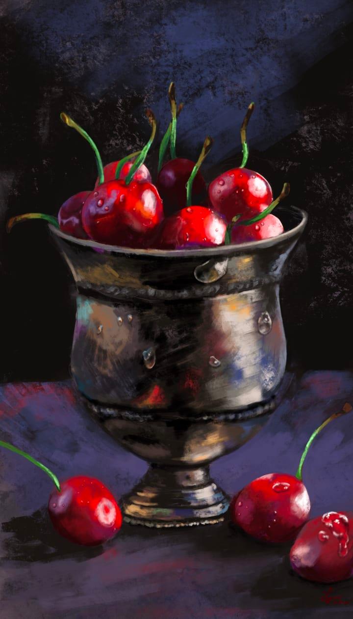 A digital painting of cherries in a grail