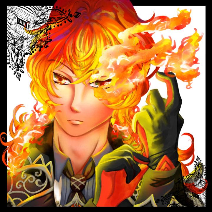 A fanart illustration of Diluc from Genshin Impact showing his red flames and fire