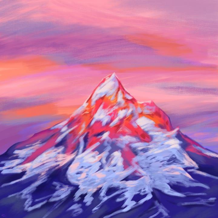 A digital painting of a mountain by dawn