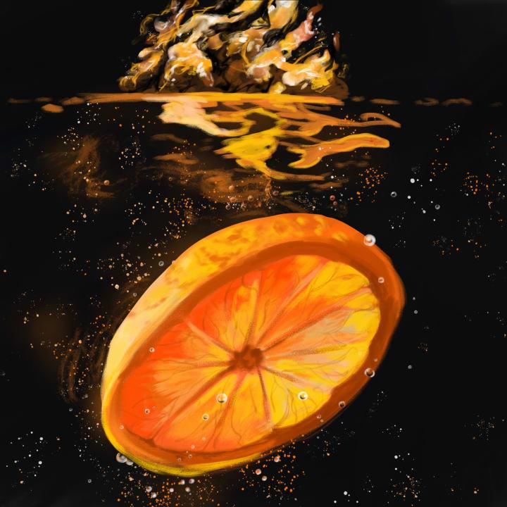A digital illustration of an orange submerged in dark waters with reflections
