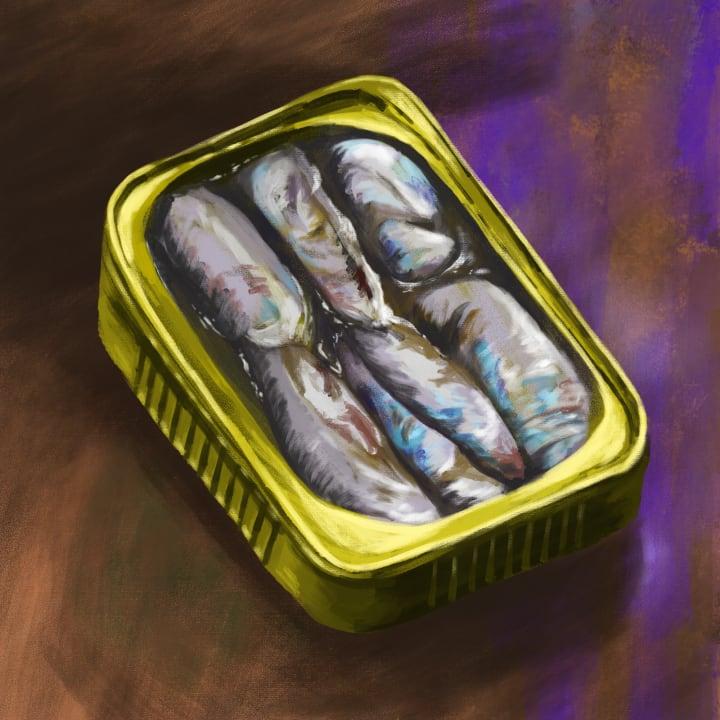 A digital light study of sardines in a tin can