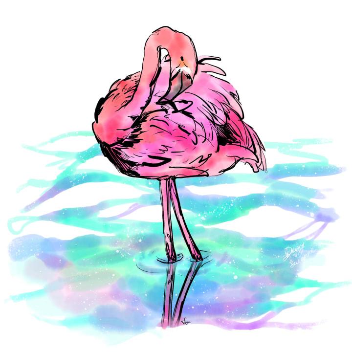 A digital painting of a flamingo in the water