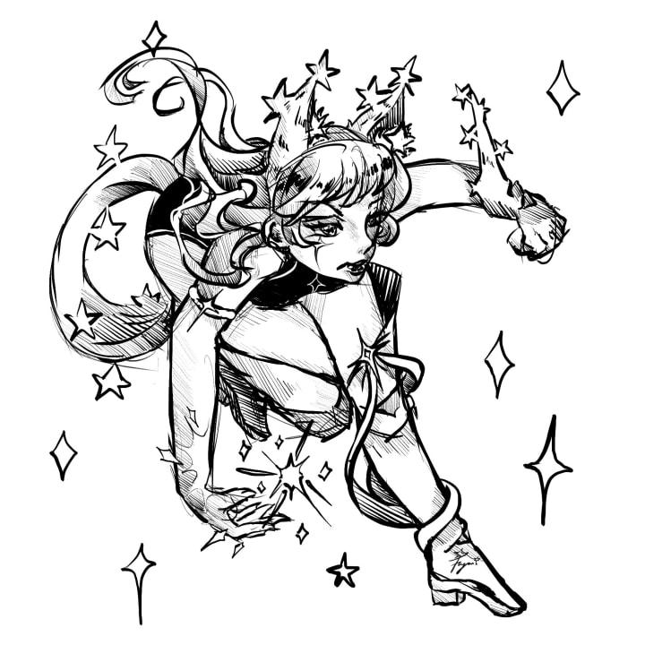 An illustration of a fox girl with light powers in a dynamic pose