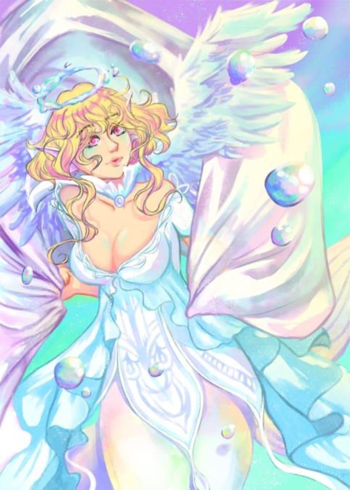 A digital illustration of a mermaid angel