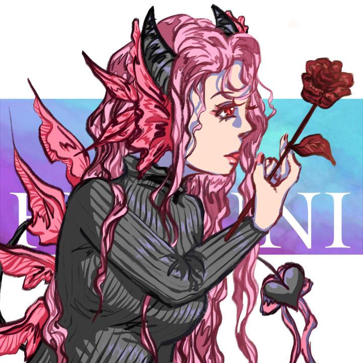 A digital drawing of  a devilish mermaid holding a rose
