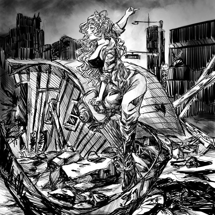 A black and white illustration of a woman using a jackhammer in a destroyed area