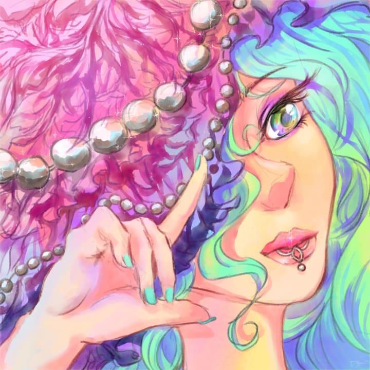 A digital painting of a mermaid underwater with pearls