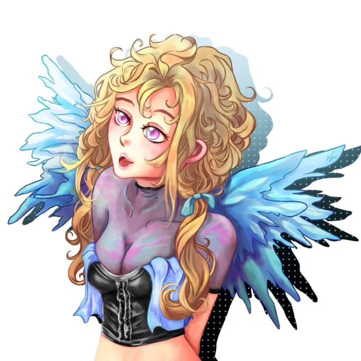 A digital drawing of an anime girl with wings