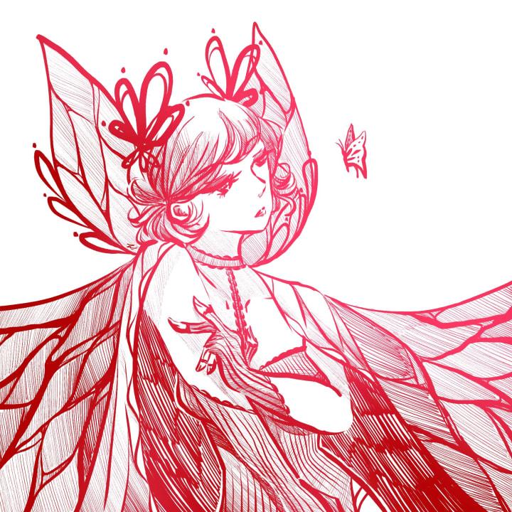 A simple digital drawing of a butterfly fairy in red colour