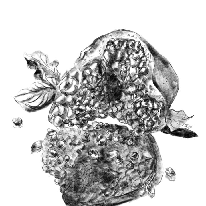 A digital black and white sketch of a pomegranate