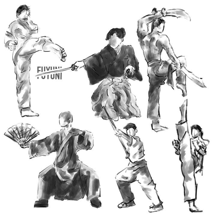 A compilation of drawn poses in martial arts