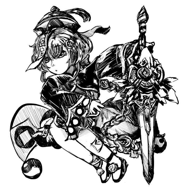 A black and white fanart sketch of Qiqi from Genshin Impact