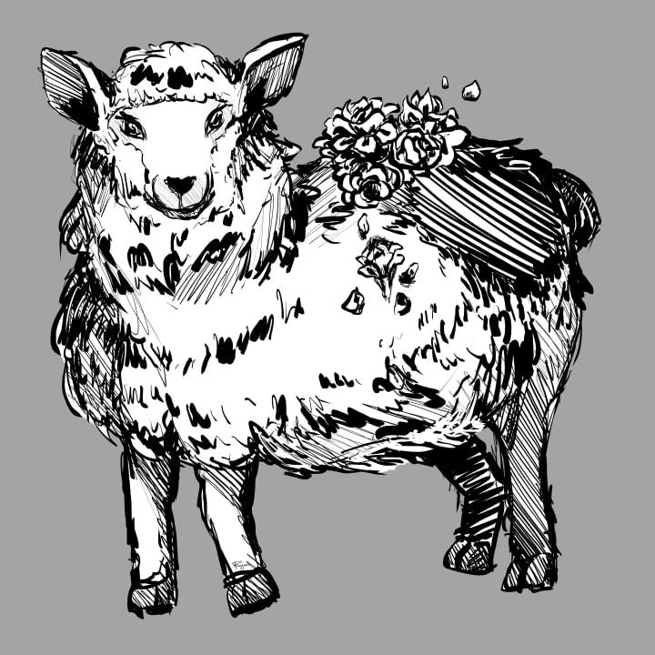 A digital sketch of a sheep in black and white