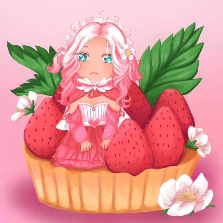 A digital illustration of  a cute girl on a strawberry tart