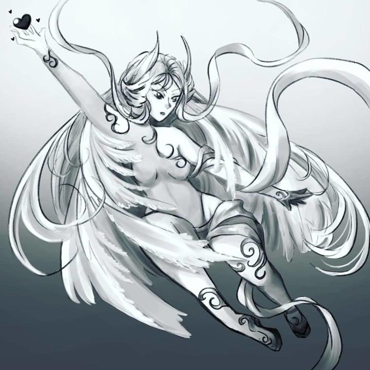 A digital drawing of an angel in black and white
