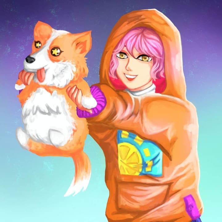 A digital illustration of a cute corgi with his owner
